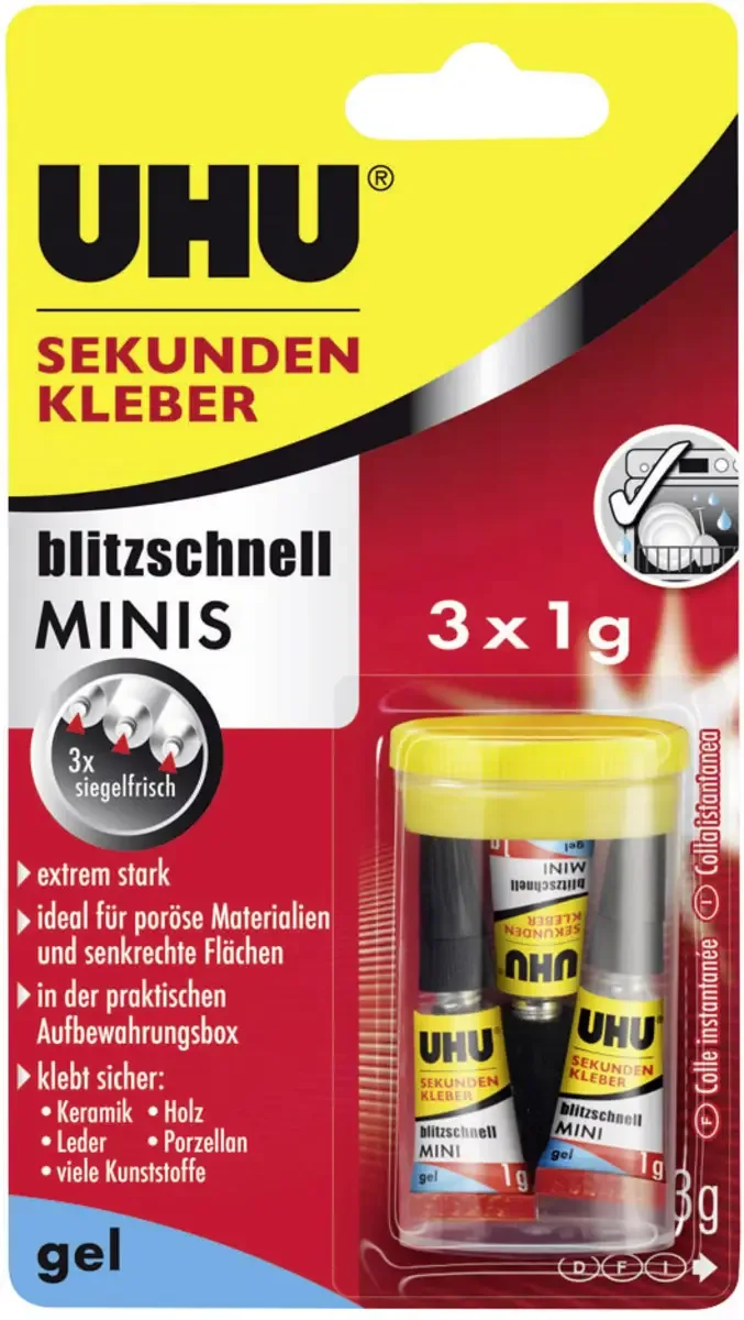 Sekundenkleber Gel Ultra-Schnell Minis in der Box, 3 x 1 g von UHU – Produktfoto