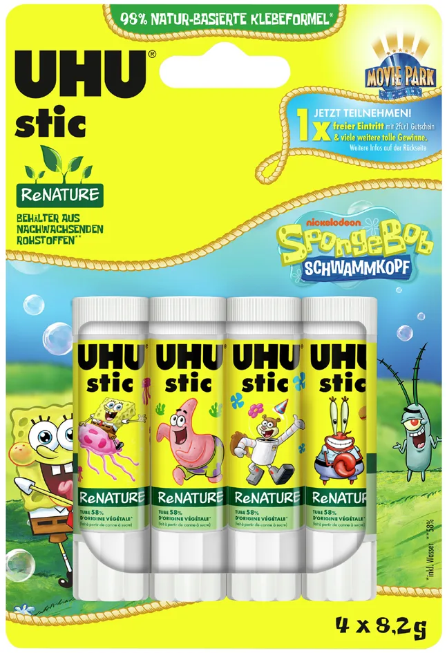 Klebestift stic ReNATURE Spongebob, 4 x 8,2 g, Blister van UHU – productfoto