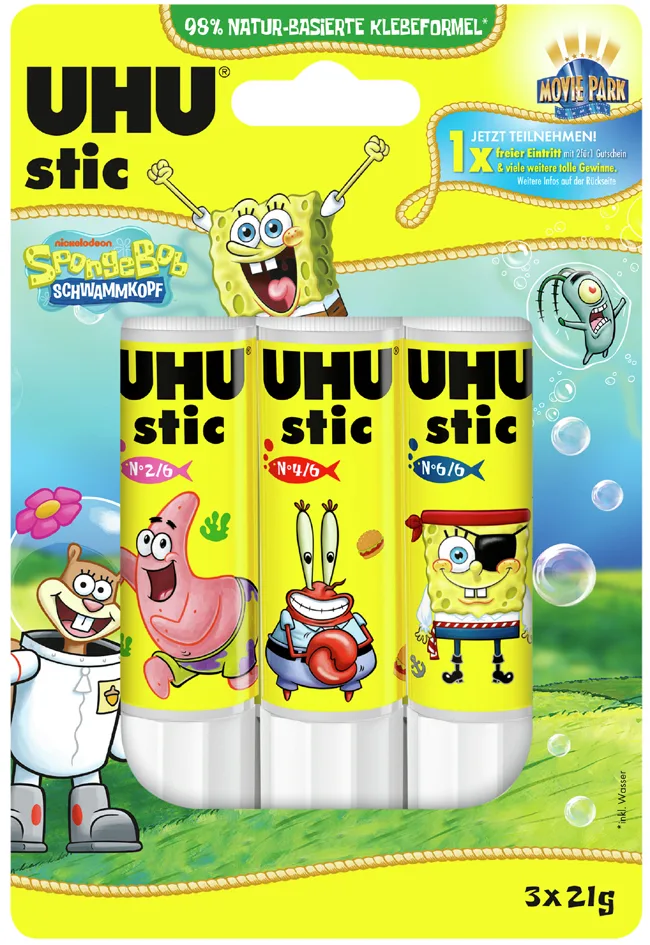 Klebestift stic Spongebob, 3 x 21 g, Blister van UHU – productfoto