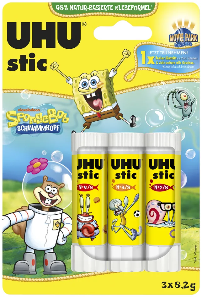 Klebestift stic Spongebob, 3 x 8,2 g, Blister van UHU – productfoto