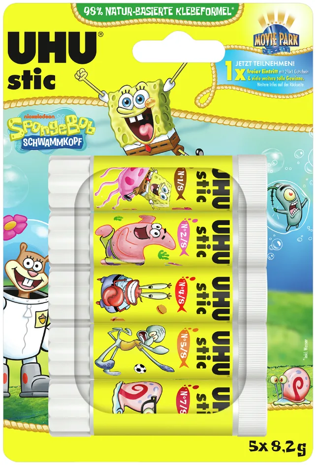 Klebestift stic Spongebob, 5 x 8,2 g, Blister van UHU – productfoto