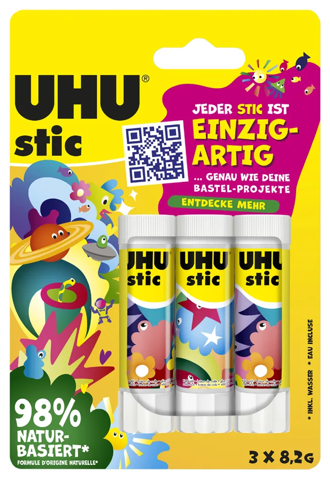 Klebestift stic UNIQUE, lösemittelfrei, 3 x 8,2 g von UHU – Produktfoto
