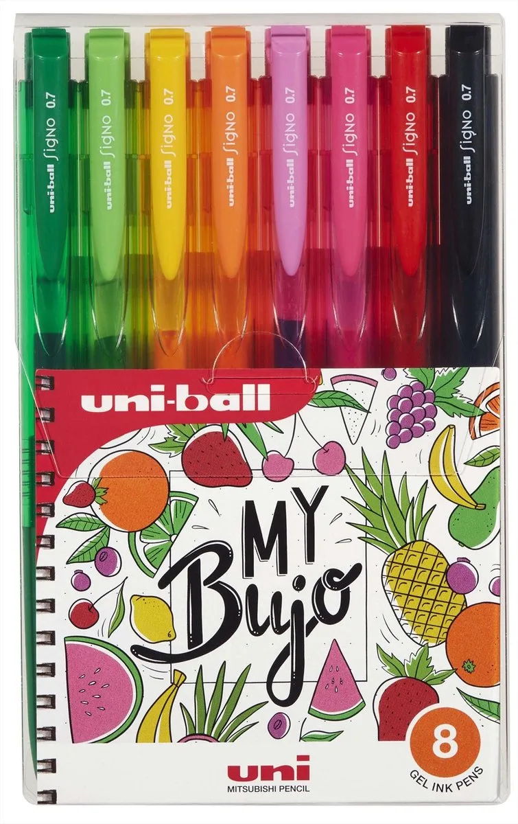 gelpennen BuJo set fruit 8 kleuren voor bullet journalling. fra uni-ball i Flerfarvet – produktbillede