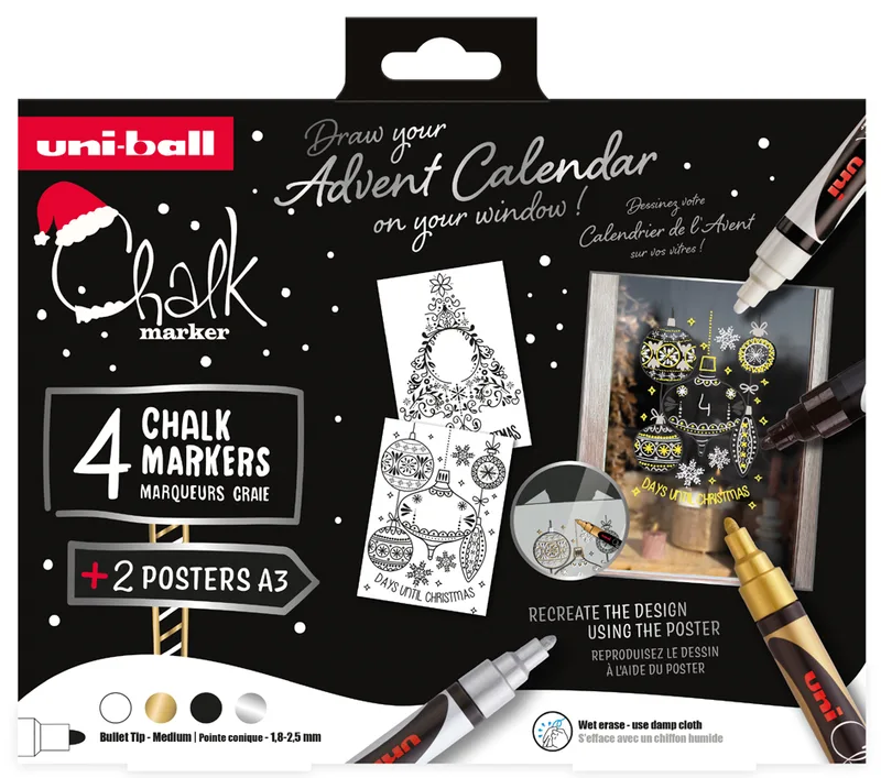 Kreidemarker Chalk marker, 4er Weihnachtsbox SCANDI von uni-ball – Produktfoto