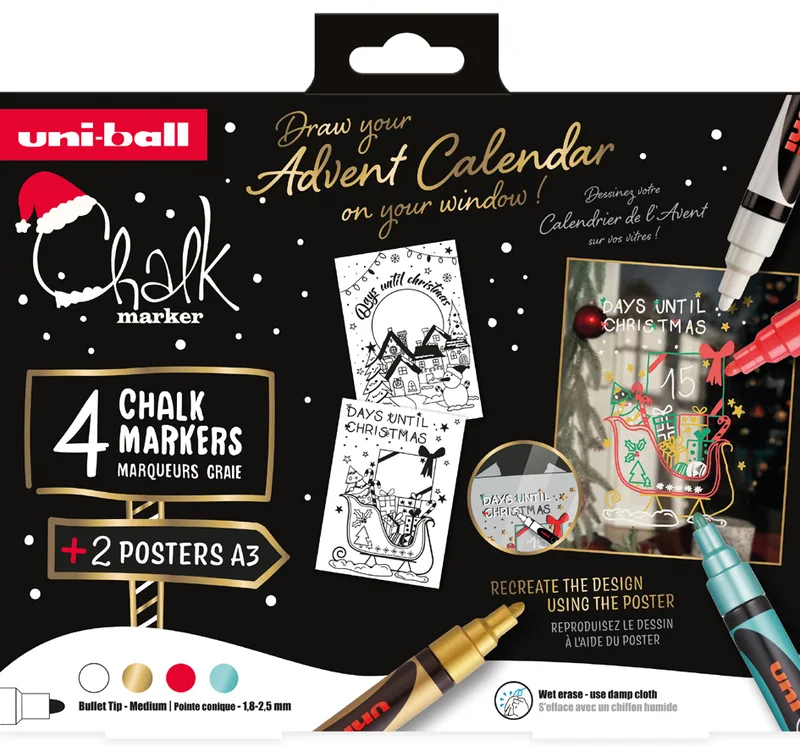 Kreidemarker Chalk marker, 4er Weihnachtsbox TRADI von uni-ball – Produktfoto