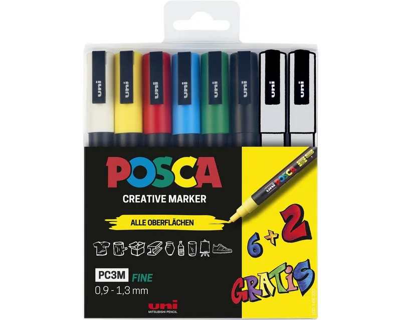 Lackmarker uni-ball POSCA PC-3M Marker - 6+2 Set van uni-ball – productfoto