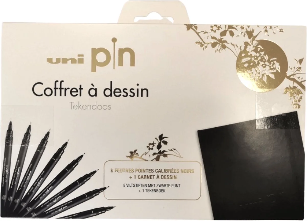 Pin fineliner set 8 stuks + tekenboek by uni-ball in Black – product photo