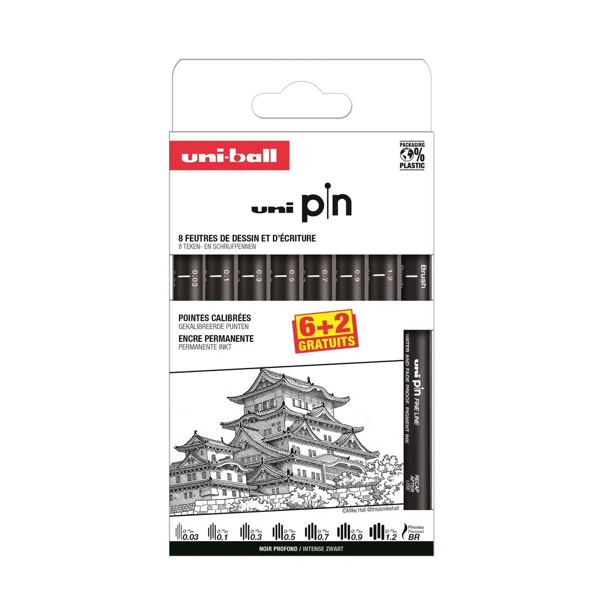 Pin Fineliners set 6+2 Gratis ASP025 van uni-ball in Meerkleurig – productfoto