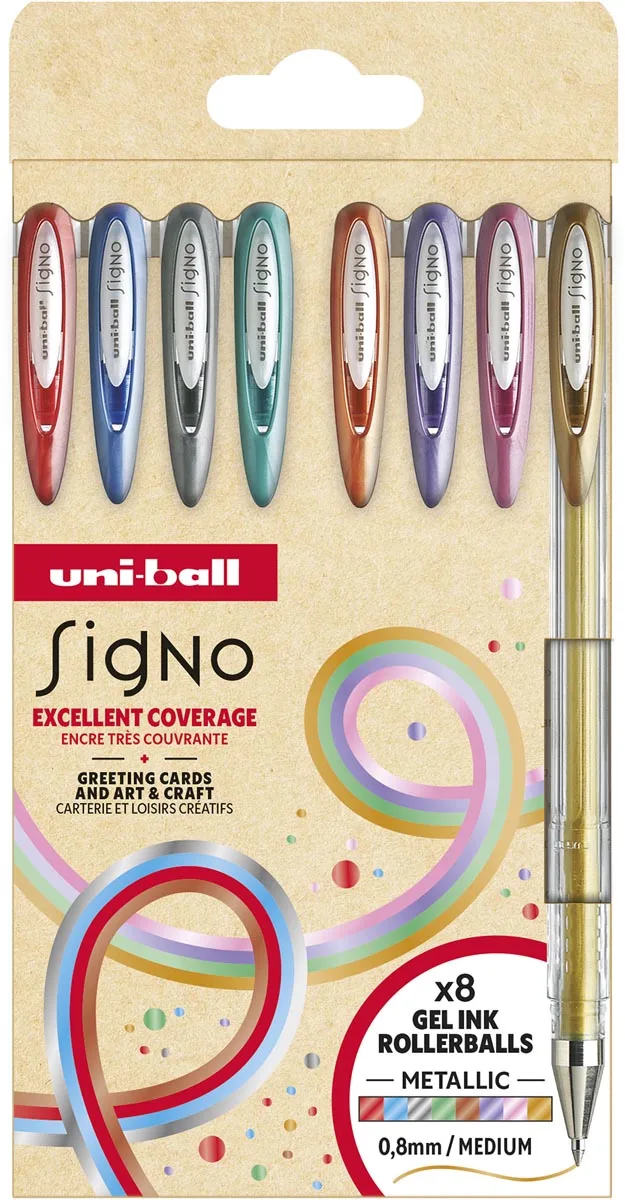 roller Signo Metallic, medium punt, geassorteerde kleuren, etui van 8 stuks by uni-ball – product photo