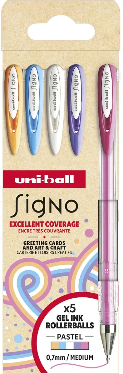roller Signo Pastel, medium punt, geassorteerde kleuren, etui van 5 stuks by uni-ball – product photo