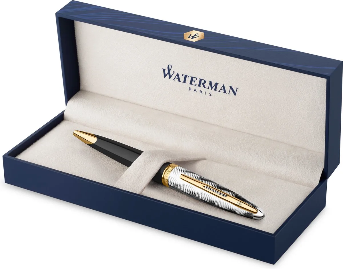 Carene balpen | met gouden detail en gebeitelde dop | medium punt | met Geschenkdoos van Waterman in Metaal en Zwarte Lak – productfoto