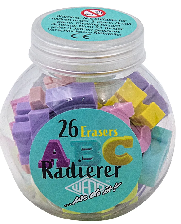 Kunststoff-Radierer ABC, 26 Stück in Kunststoffdose fra Wedo – produktbillede
