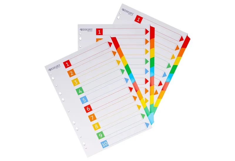 Aktenordner Register für Ordner A4 (3er-Set), 3 x 10 Beschriftbare Trennblätter, Ordner Organizer 5 Farben, Robuste 160g/m² mit Eurolochung de Westcott en Multicolore – photo produit
