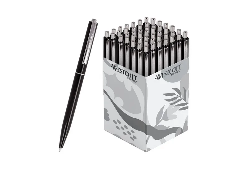 Druckkugelschreiber Kugelschreiber ALLTIME 50 Stück, Strichstärke M, X20 Mine, (Vorteilspack, 50-tlg), Dokumentenecht nach ISO 12757-2, Stabiler Metallclip von Westcott in Schwarz – Produktfoto