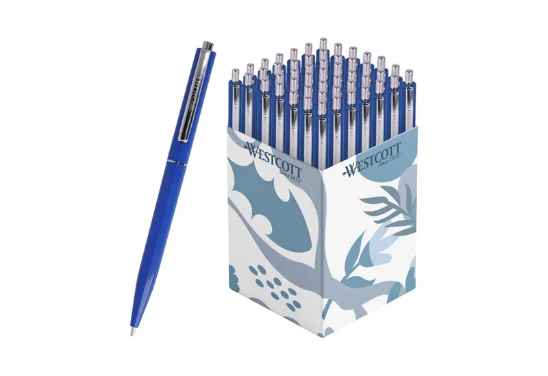 Druckkugelschreiber Kugelschreiber ALLTIME 50 Stück, Strichstärke M, X20 Mine, (Vorteilspack, 50-tlg), Dokumentenecht nach ISO 12757-2, Stabiler Metallclip von Westcott in Blau – Produktfoto