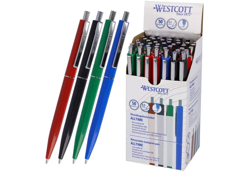 Druckkugelschreiber Kugelschreiber ALLTIME Mix 50 Stück, blaue Tinte, X20 Mine, (Vorteilspack, 50-tlg), Dokumentenecht nach ISO 12757-2, Stabiler Metallclip de Westcott – photo produit
