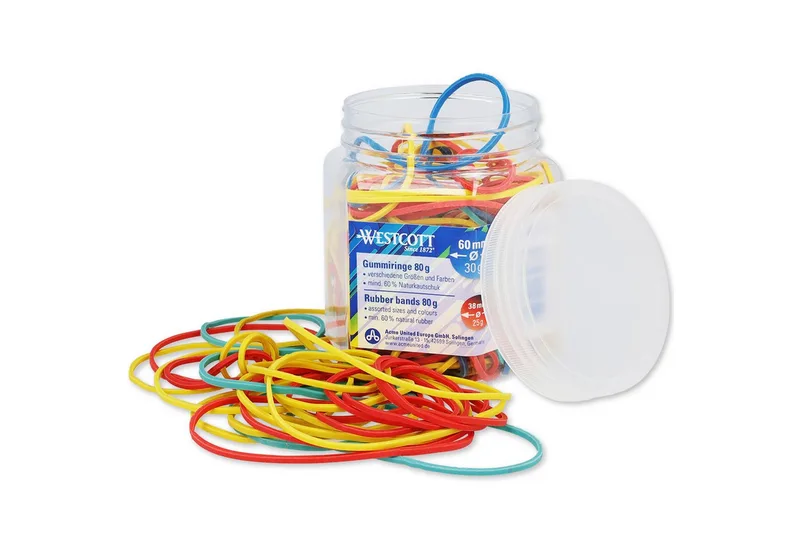 Gummiband Gummibänder 80g, Bunte Gummiringe, Haushaltsgummis ⌀ 60mm, 50mm & 38mm, Mind. 60% Naturkautschuk van Westcott in Meerkleurig – productfoto