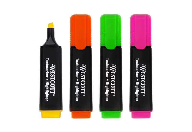 Marker Textmarker 4 Stück Mix, Highlighter in 4 leuchtenden Farben, (Vorteilspack, 4-tlg., Grün, Gelb, Orange, Pink), 2-5 mm Strichstärke, Premium Tinte aus Deutschland by Westcott – product photo