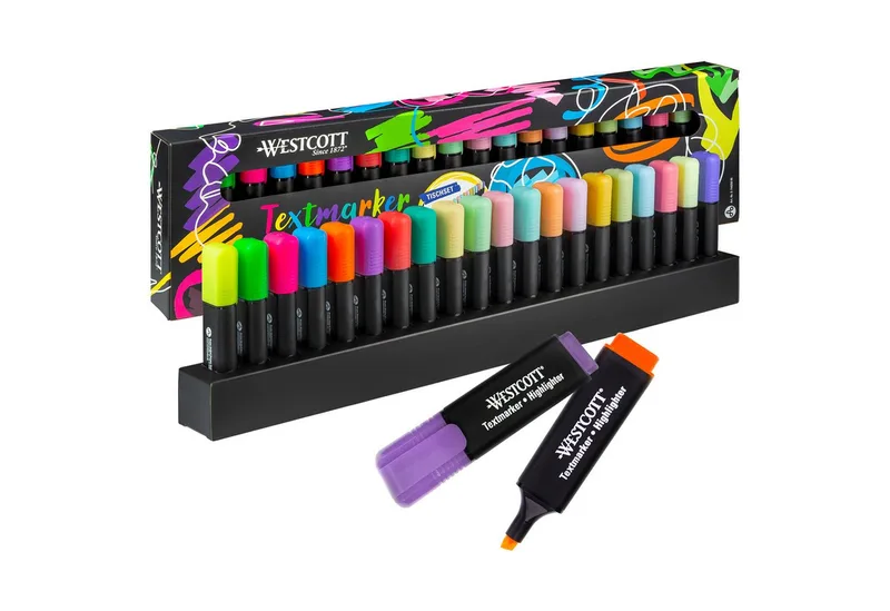 Marker Tischset 20 Stück Neon & Pastell, Textmarker Highlighter in Halterung, (Vorteilspack, 20-tlg), 2-5 mm Strichstärke, Premium Tinte aus Deutschland by Westcott in Multicolour – product photo