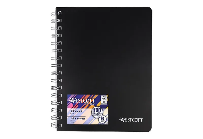 Notizblock Spiralblock Notizbuch A5 kariert, 200 Seiten Ringbuch perforiert, Premium 80 g/m² Papier, Kunststoffcover de Westcott en Noir – photo produit