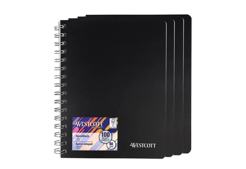 Notizblock Spiralblock Notizbuch A5 kariert, 200 Seiten Ringbuch perforiert, Premium 80 g/m² Papier, Kunststoffcover von Westcott in Schwarz – Produktfoto