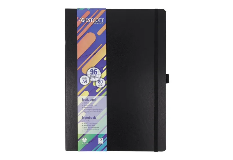 Notizbuch DIN A4 kariert, 192 Seiten im Hardcover, 80 g/m² FSC Mix-Papier, mit Innentasche, Lesezeichen, Gummizug und Stifthalter von Westcott in Schwarz – Produktfoto