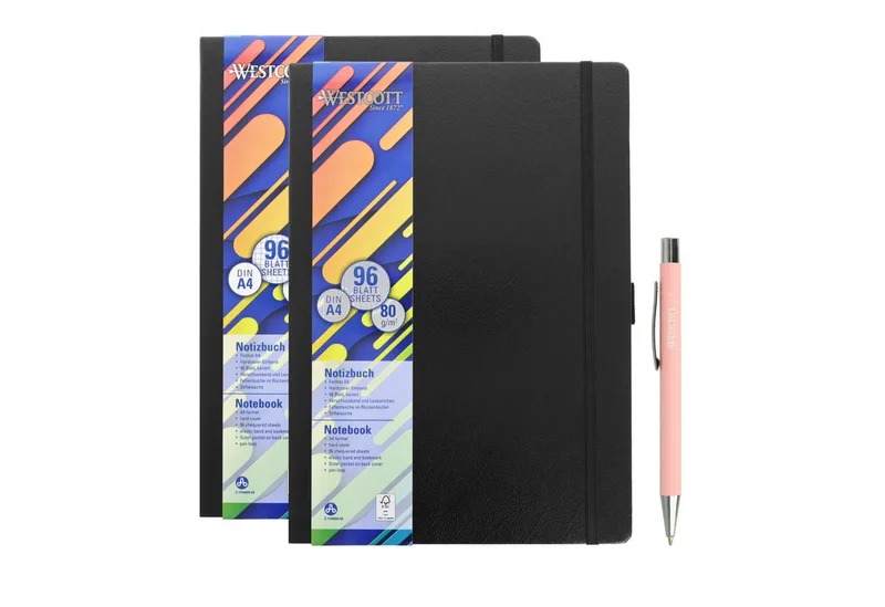 Notizbuch DIN A4 kariert (2er-Set) inkl. PRIMESOFT Kugelschreiber, 80 g/m² FSC, Innentasche, Lesezeichen, Gummizug, Stifthalter van Westcott in Zwart – productfoto