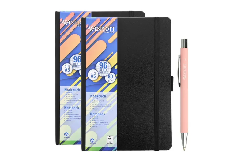 Notizbuch DIN A5 kariert (2er-Set) inkl. PRIMESOFT Kugelschreiber, 80 g/m² FSC, Innentasche, Lesezeichen, Gummizug, Stifthalter von Westcott in Schwarz – Produktfoto