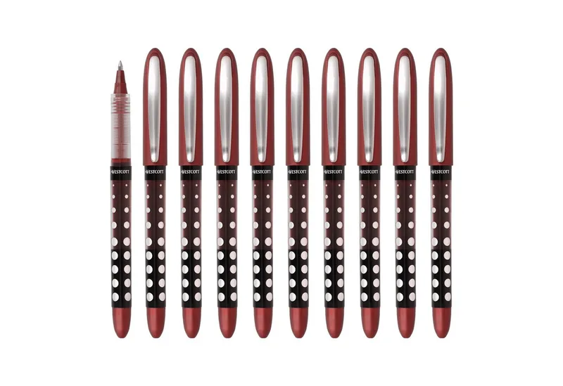 Tintenroller 10 Stück, Rollerball Pen mit roterTinte, 0,5 mm Strichstärke, (Vorteilspack, 10-tlg), transp. Füllstandsanzeige, Kapillartechnologie, ergonomischer Griff von Westcott in Rot – Produktfoto