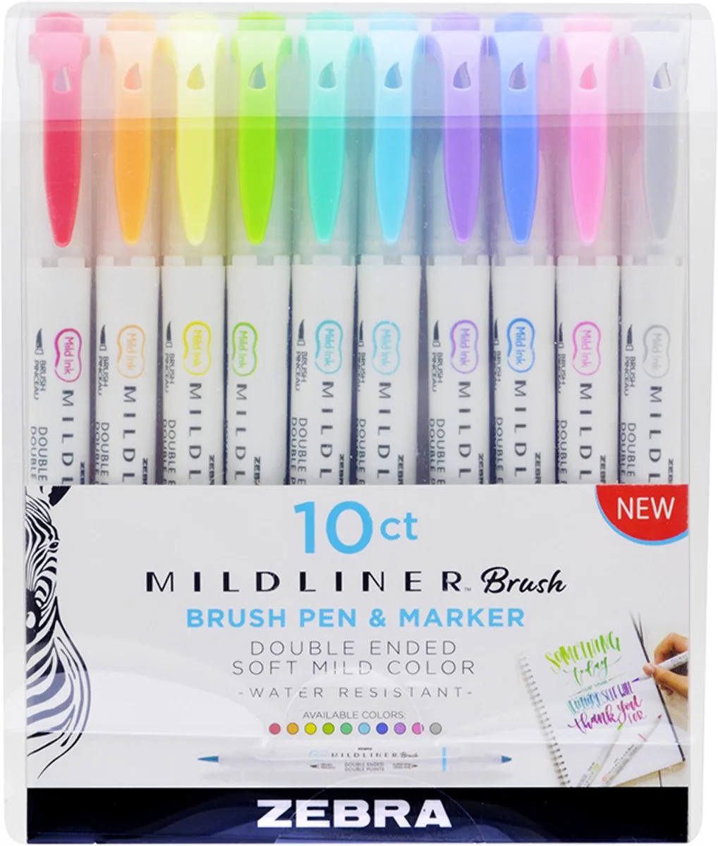 Mildliner Brush Set – Creative marker – Twinmarker – Tekstmarker – Brede + brush punt – 10 stuks de Zebra en 10 Kleuren – photo produit
