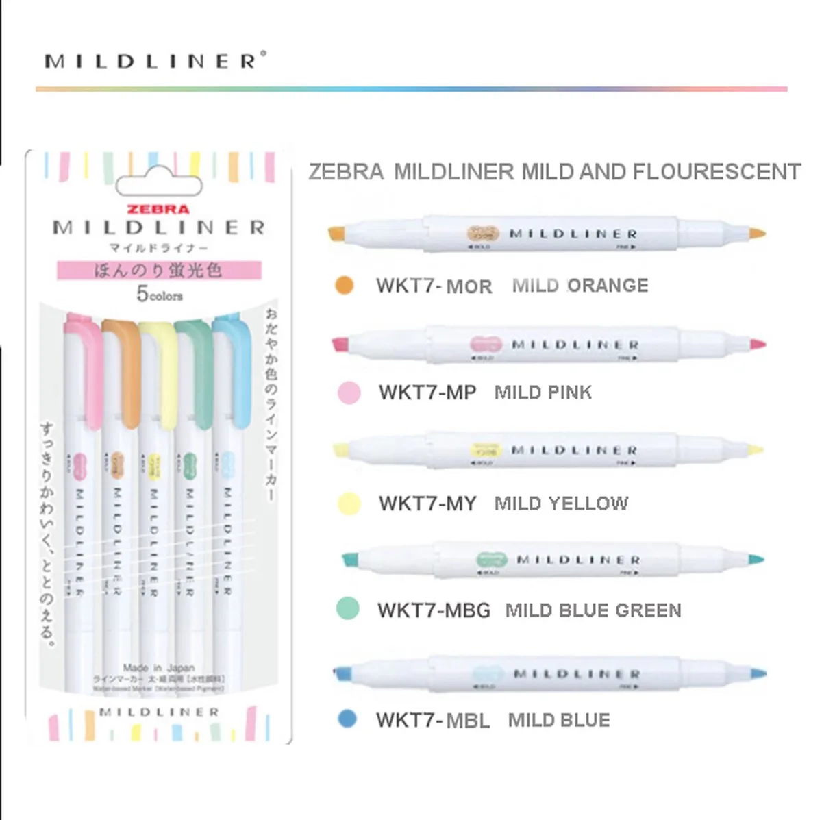 Mildliner Double Sided Highlighter Set van 5 Mild Pastel Colors + EXTRA een Zebra Two Sided Brushpen by Zebra in Mild Pastel Slightly Fluorescent Colors – product photo