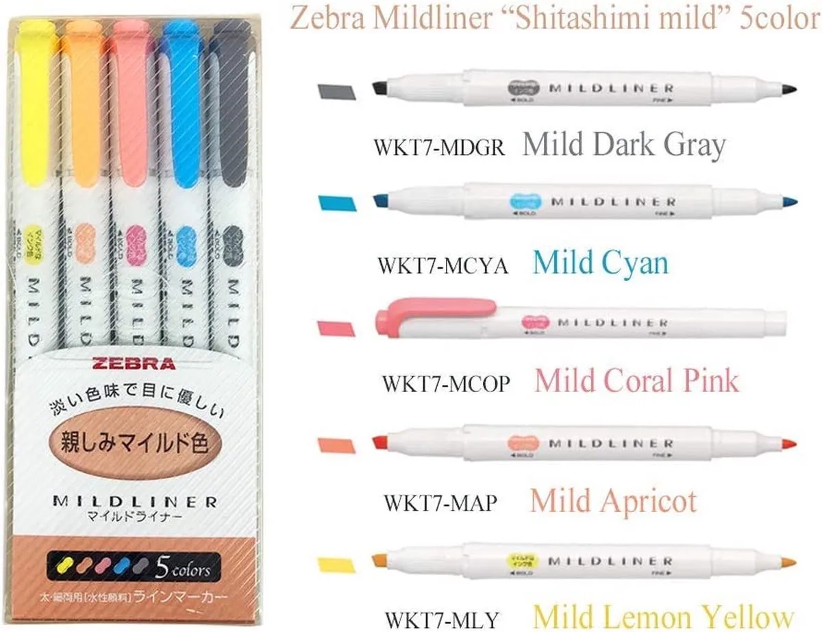 Mildliner Double Sided Tekstmarker - Fine & Bold – Friendly Colors - Set van 5 + Bag van Zebra in Mild Friendly Colors – productfoto