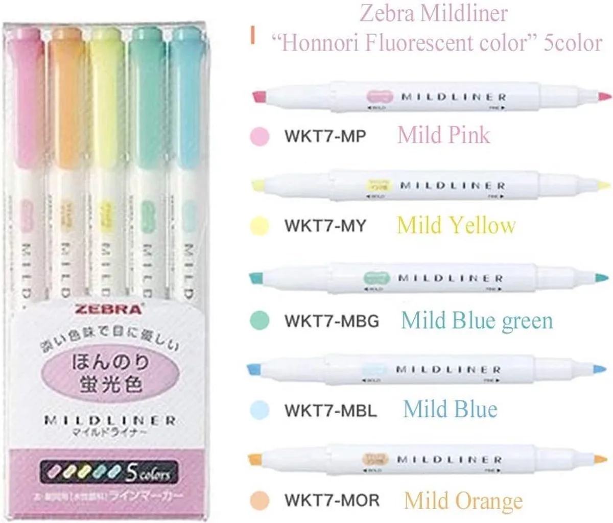 Mildliner Double Sided Tekstmarker - Fine & Bold - Mild Licht ‘Fluorescent’ Pastel Colors - Set van 5 + een Bag by Zebra in Licht ‘Fluorescent’ Pastel Colors – product photo