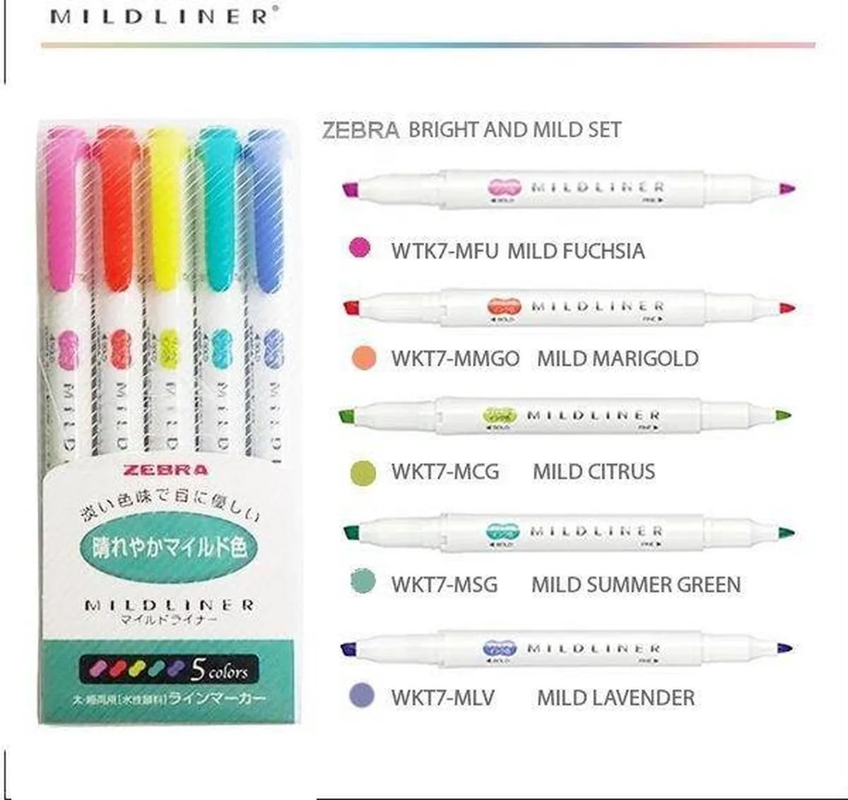 Mildliner Double Sided Tekstmarker - Fine & Bold - Set van 5 + een Zipbag de Zebra en Refresh Bright Colors – photo produit