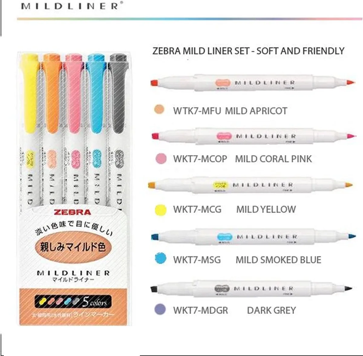 Mildliner Double Sided Tekstmarker - Fine & Bold - Set van 5 + een Zipbag by Zebra in Friendly Colors – product photo