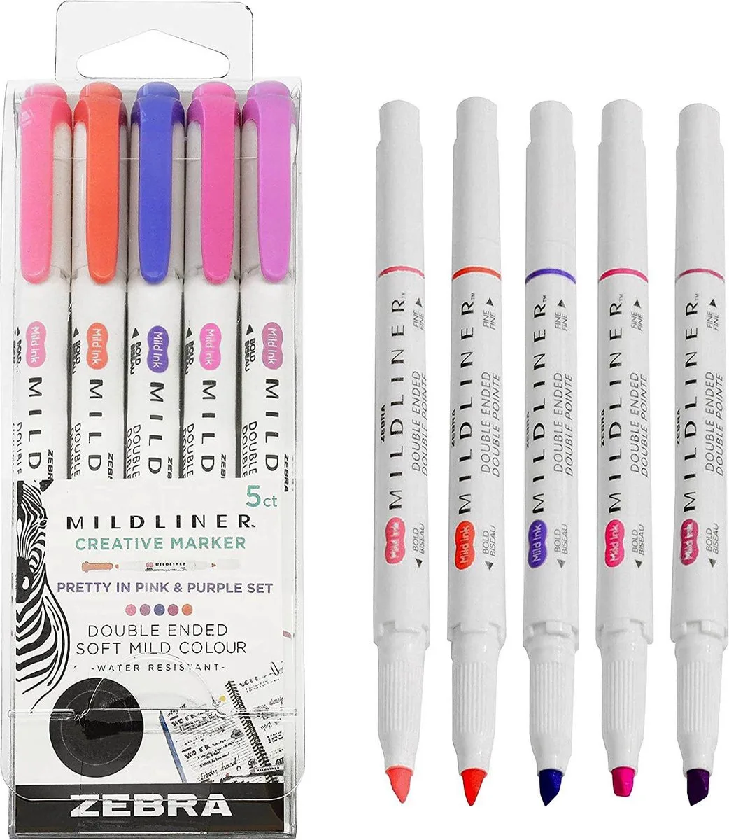 Mildliner Double Sided Tekstmarker - Pretty in Pink and Purple Set van 5 verpakt in een Zipperbag van Zebra in Lavender, Magenta, Fuchsia, Pink and Coral Pink. – productfoto