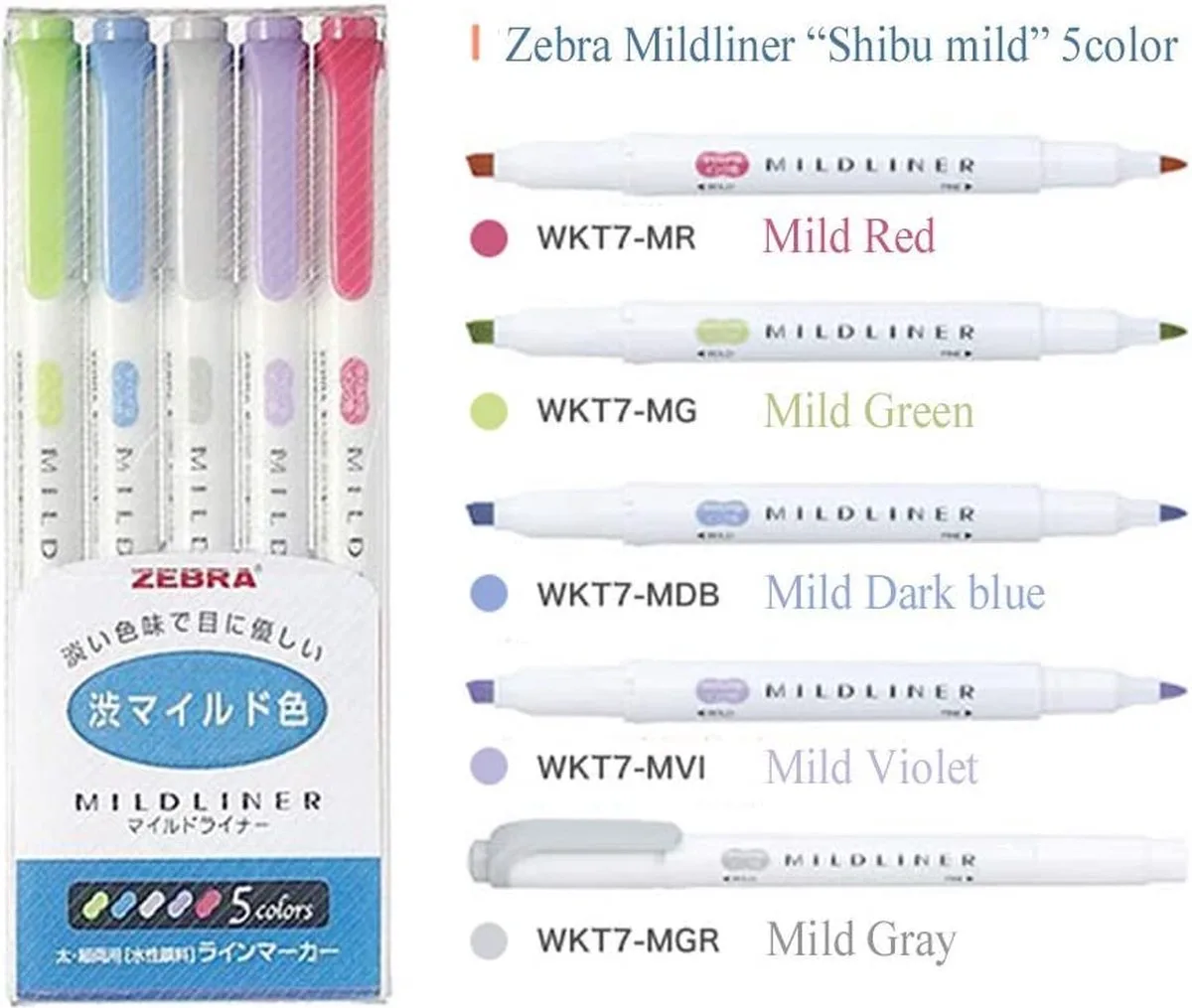 Mildliner Set : Cool en verfijnd - Dubbele stift - 5 stuks - Bullet journal - Stift de Zebra en Bleu – photo produit